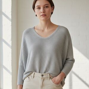 Eileen Fisher Gray V-Neck Knit Sweater | Linen  Blend| Relaxed Fit Large